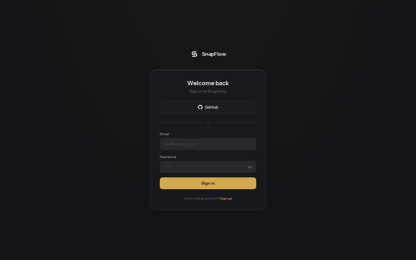 SnapFlow sign-in screen with email, password fields and GitHub button