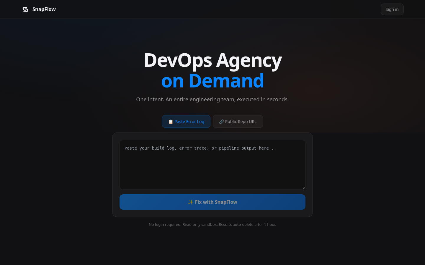 SnapFlow Sandbox demo with Paste Error Log and Public Repo URL modes