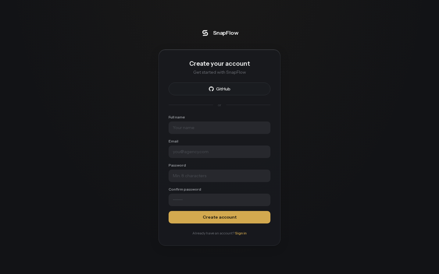 SnapFlow sign-up screen with name, email, password fields and GitHub button